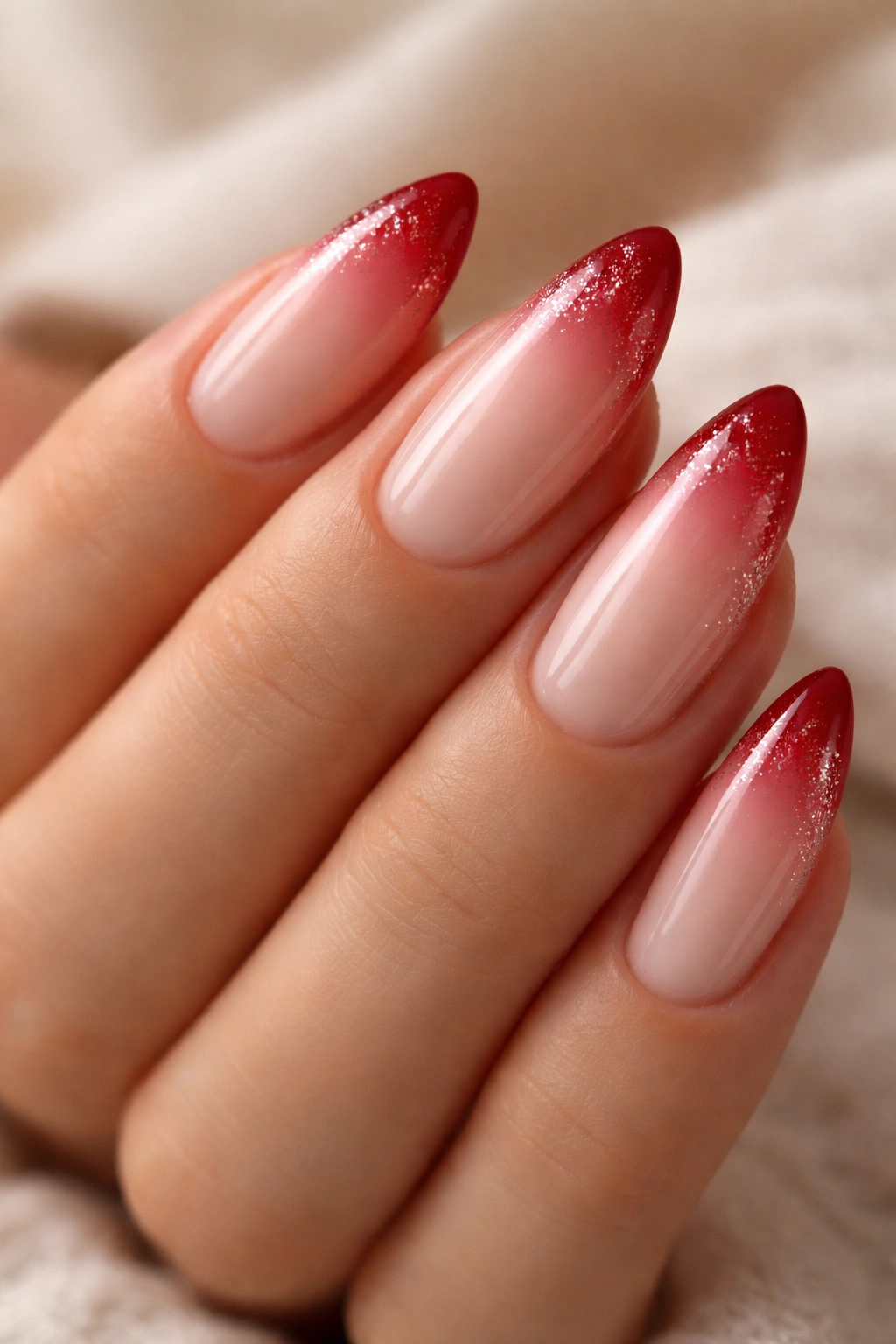 Almond nails with red ombre tips and glitter fade