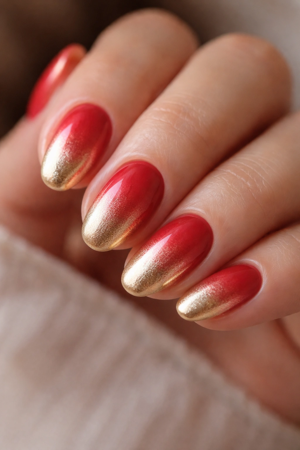 Close-up of short almond nails with soft red-to-gold ombre and glossy finish.