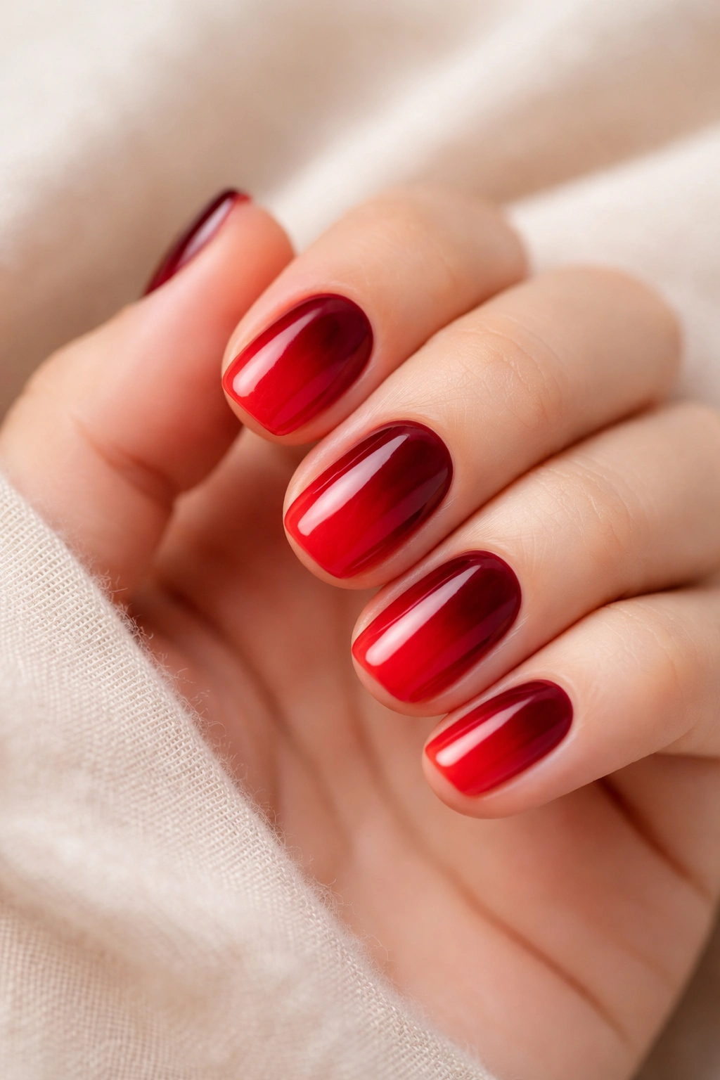 Close-up of red ombré nails with a vertical gradient from wine to cherry on short nails