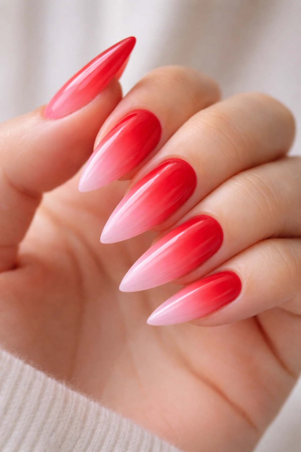 Red to pink ombre gradient on medium-length stiletto nails