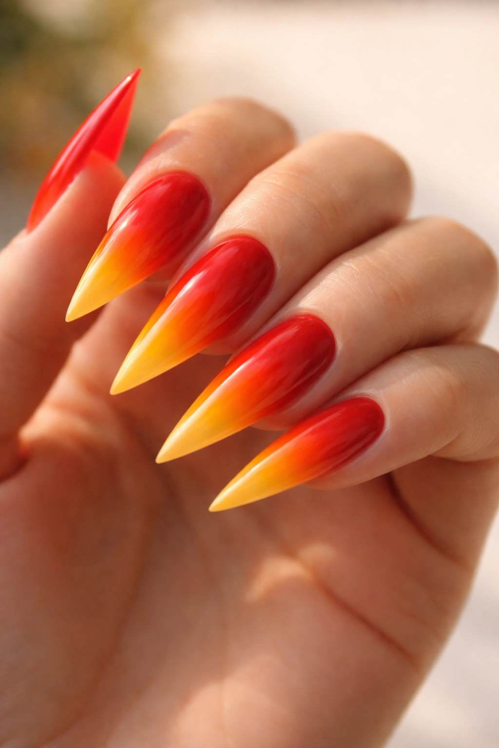 Close-up of three-color ombre nails: red to orange to yellow
