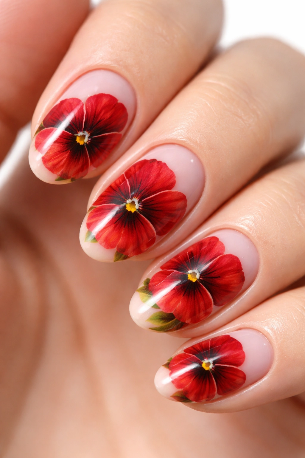 Close-up of red pansies on glossy nude almond nails