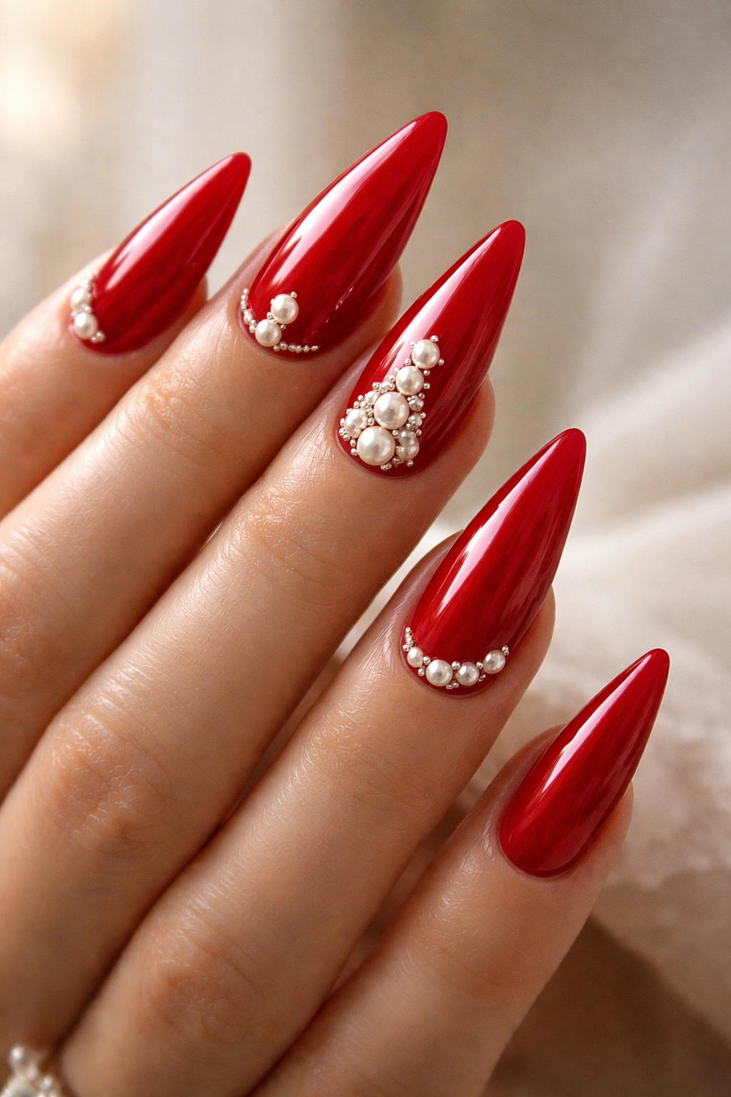 Close-up of red stiletto nails with pearl accents under soft light