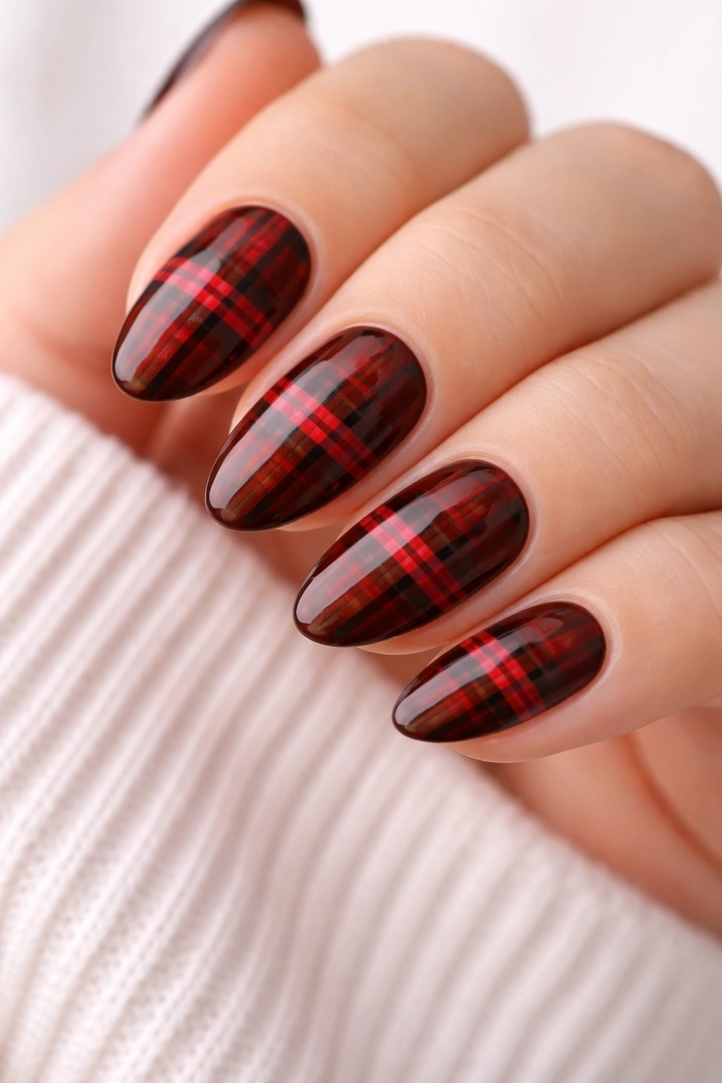 Short almond nails with chocolate brown base and red plaid pattern