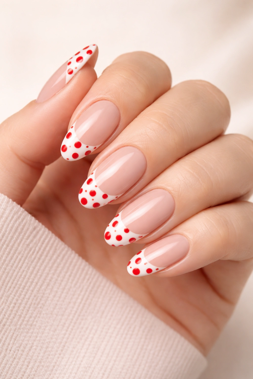 Nails with red polka dots on white French tips for bold manicure