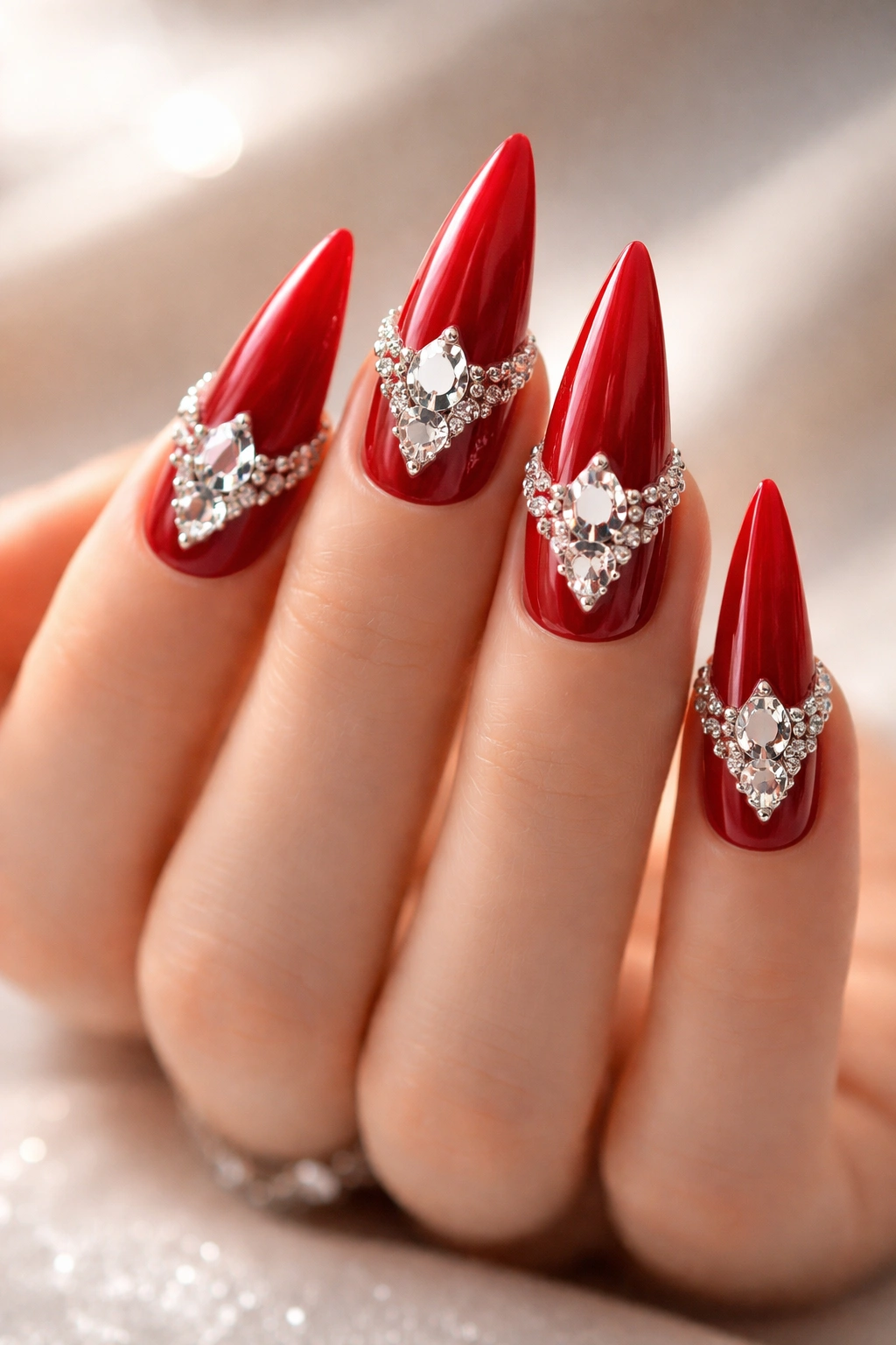 Red stiletto nails with diamond-shaped rhinestones at tips