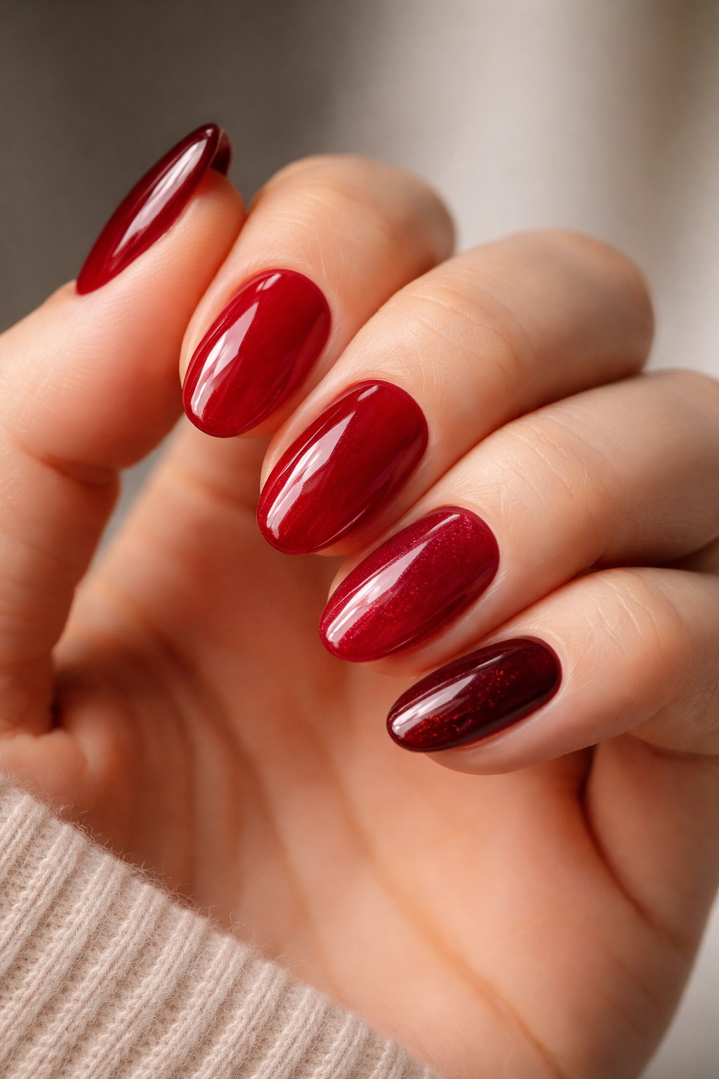 Hand with short almond nails in varying cherry red shades