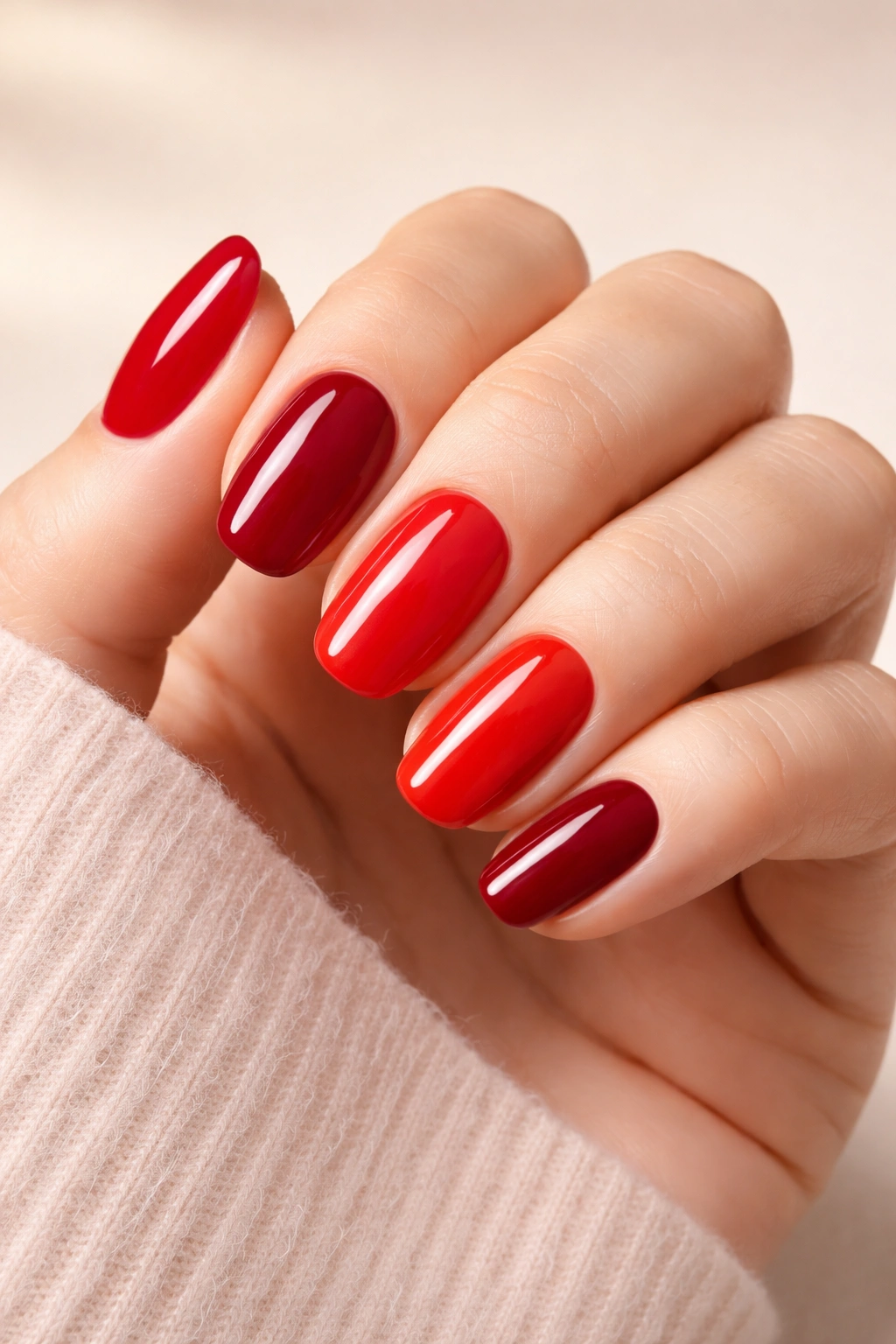 Nails displaying a spectrum of red shades from cool to warm