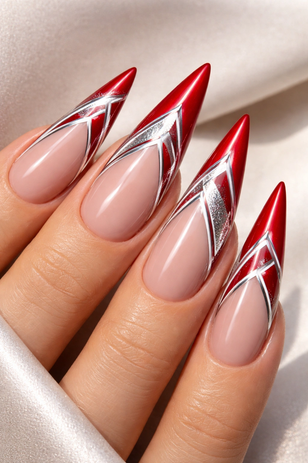 Close-up red nails with silver geometric patterns on tips