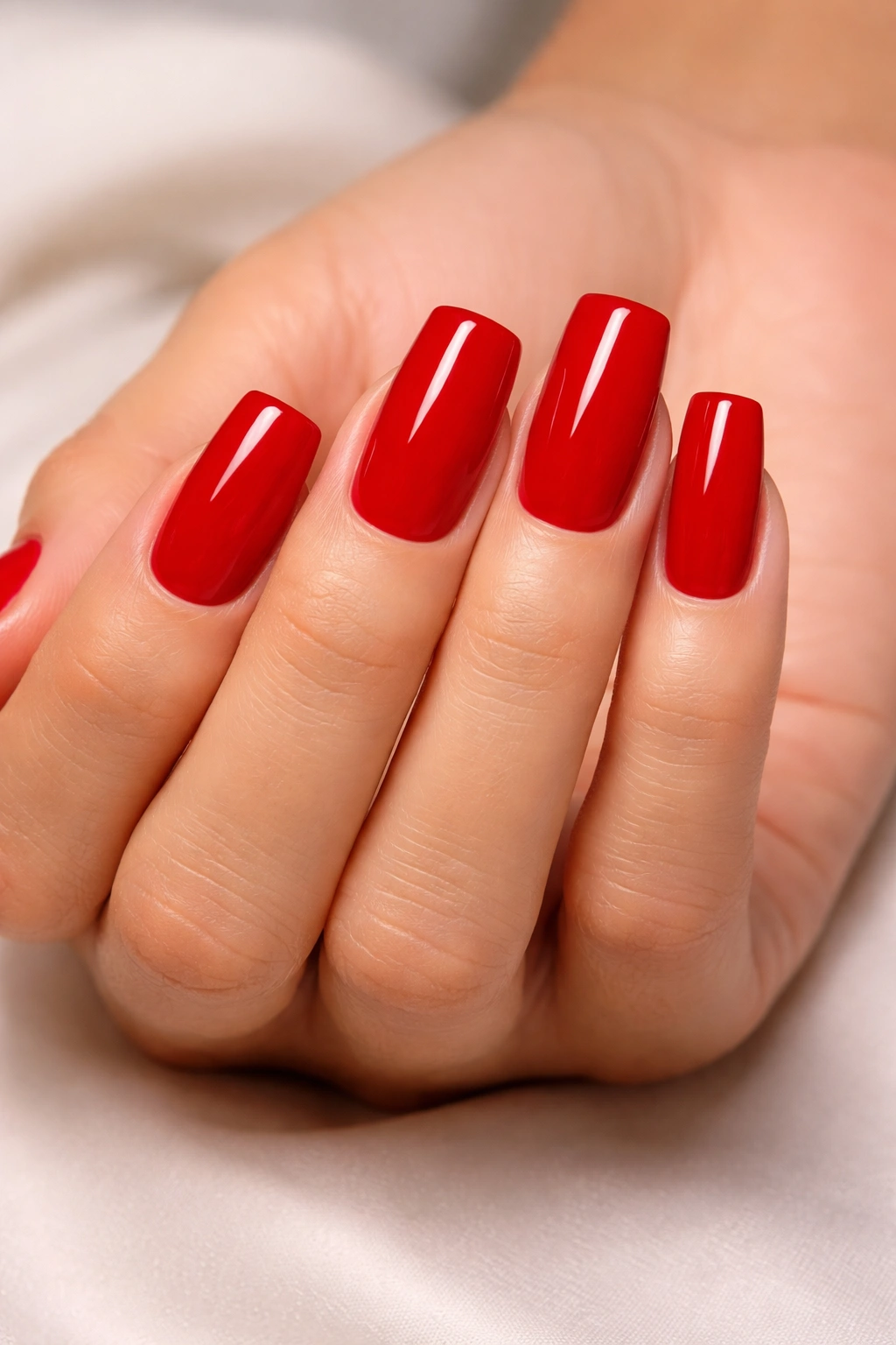 Close-up of bold red square nails with glossy finish