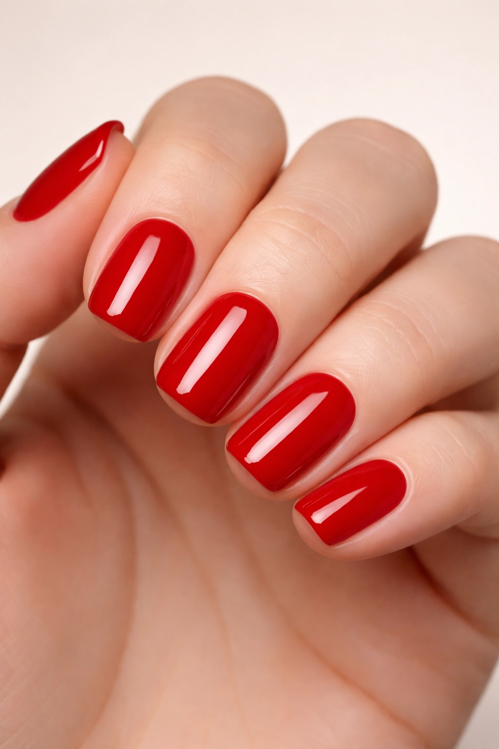 Close-up of classic red squoval nails with creamy finish