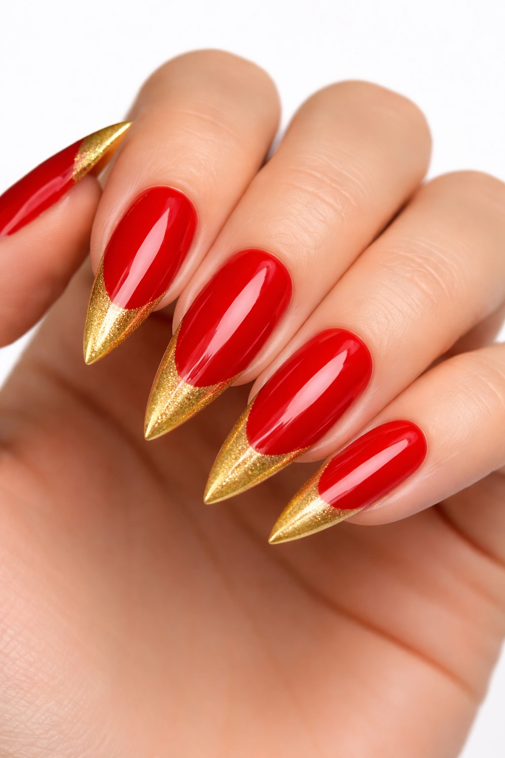 Close-up of red stiletto nails with gold tips