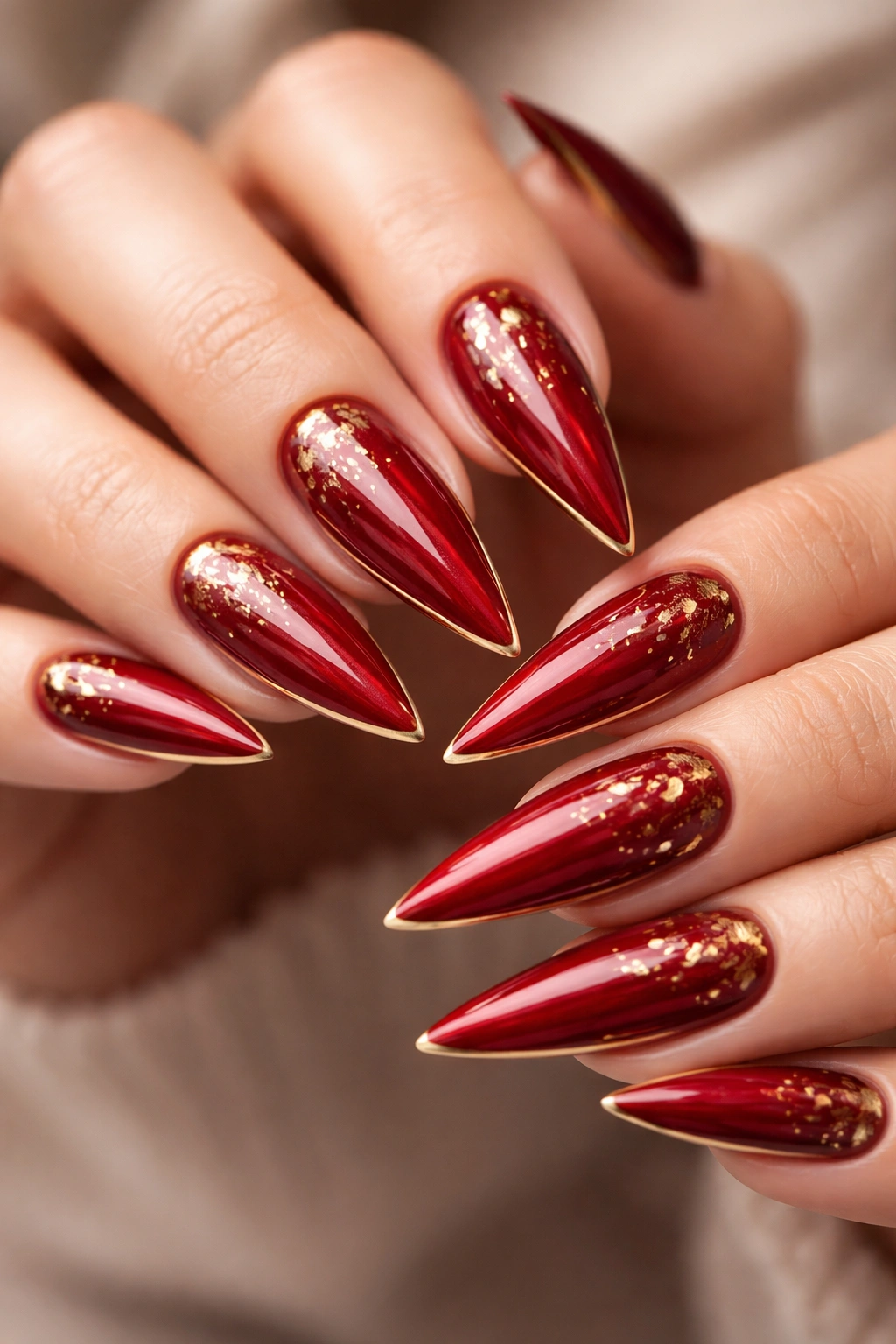Close-up of red stiletto nails with gold accents on a neutral background