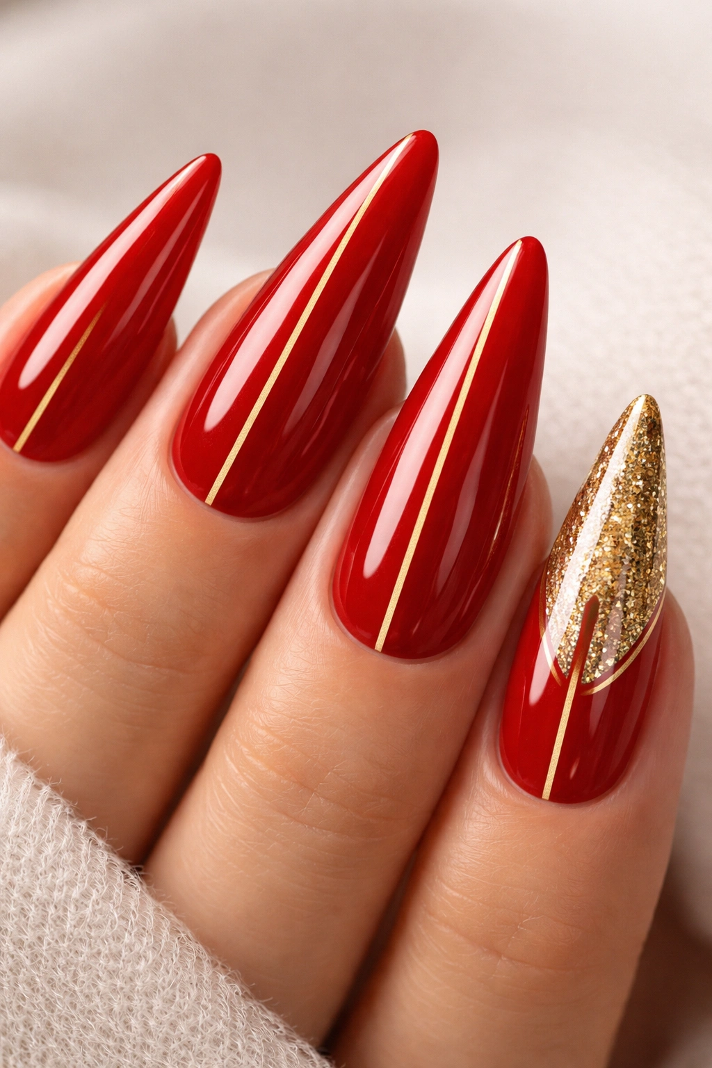 Close-up of glossy red stiletto nails with gold accents on a neutral background