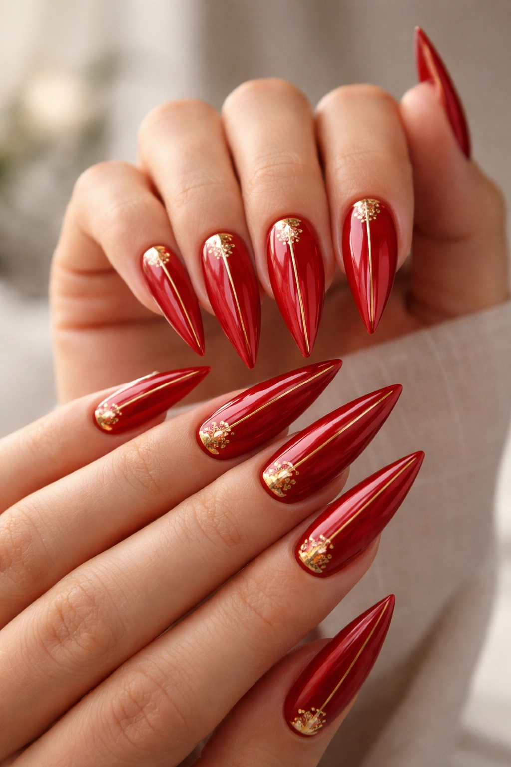 Close-up of classic red stiletto nails with gold accents on a manicured hand