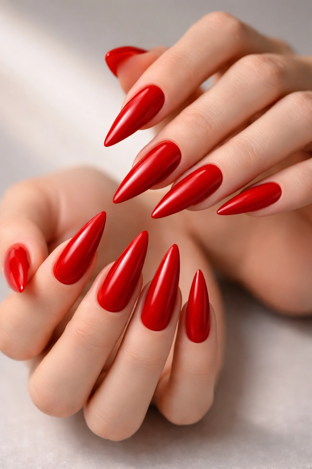 Close-up of classic red stiletto nails with glossy finish