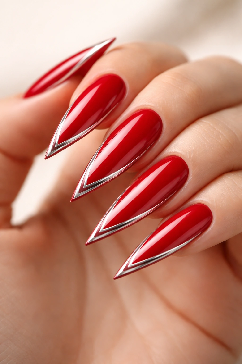 Close-up of red stiletto nails with a silver geometric outline