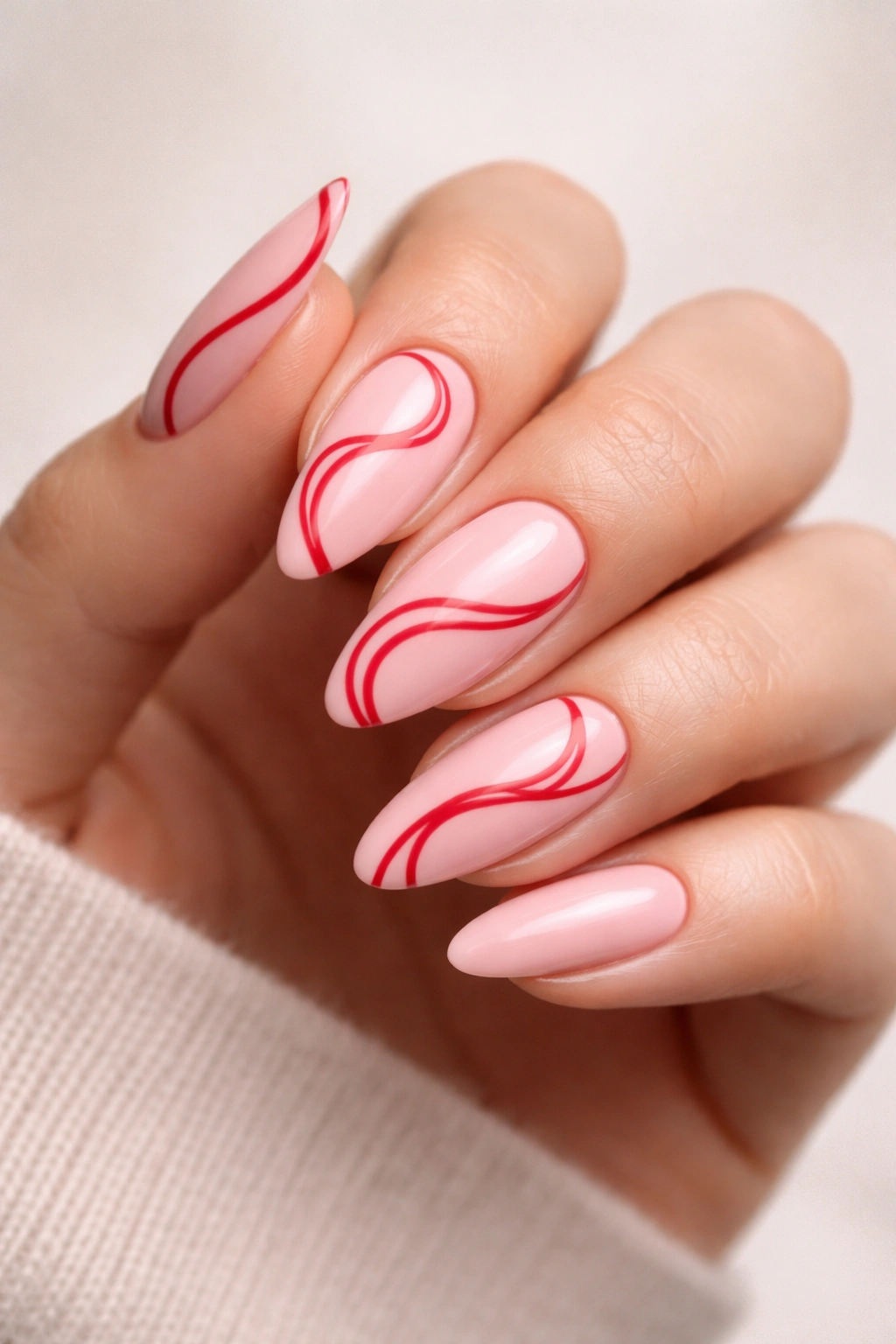Almond nails with pink base and red swirl designs.