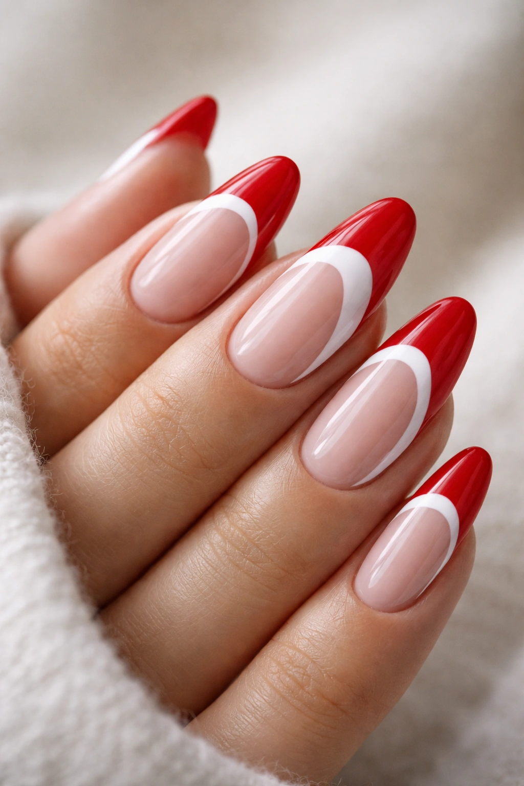 Close-up of almond nails with red tips and white negative-space patterns on a nude base