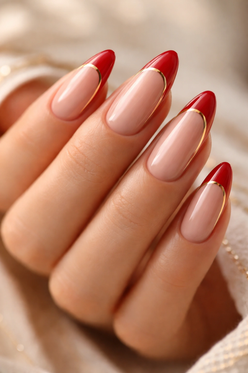 Close-up of almond nails with red tips outlined in gold