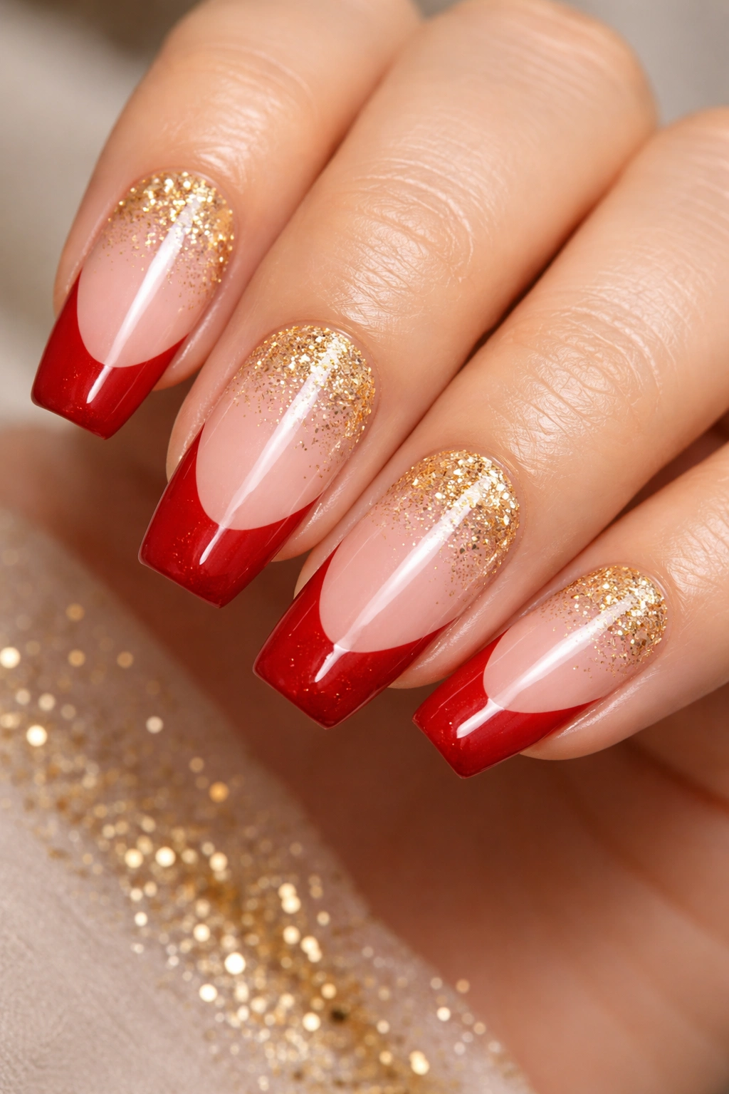 Close-up of red French tips with gold glitter gradient
