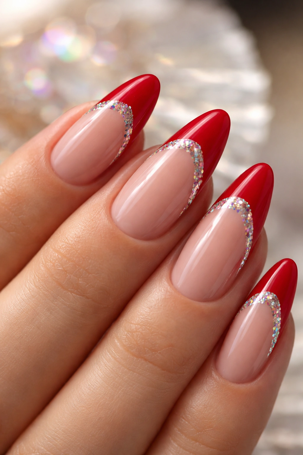 Close-up of almond nails with red tips and iridescent glitter shell on nude base