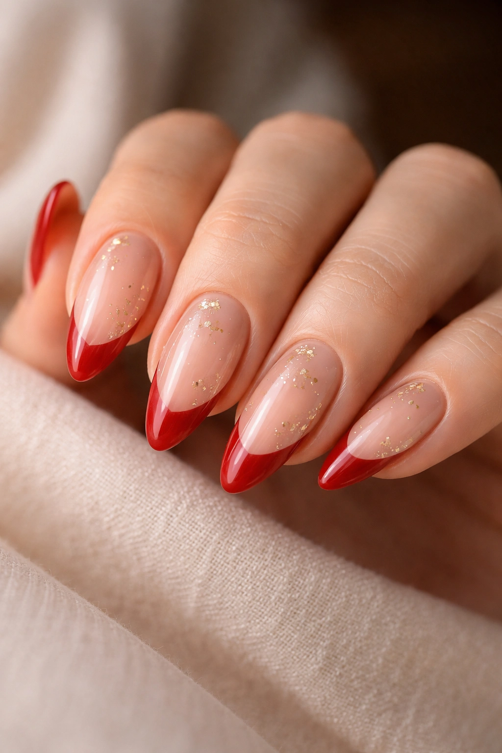 Close-up of almond nails with sheer nude base, gold flecks, and red tips