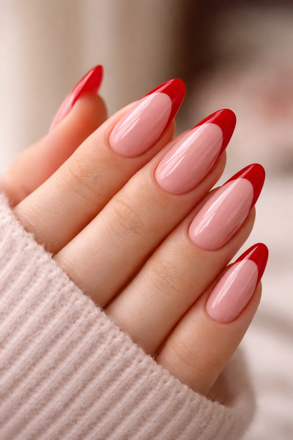 Close-up of almond nails with red tips over pink underlayer