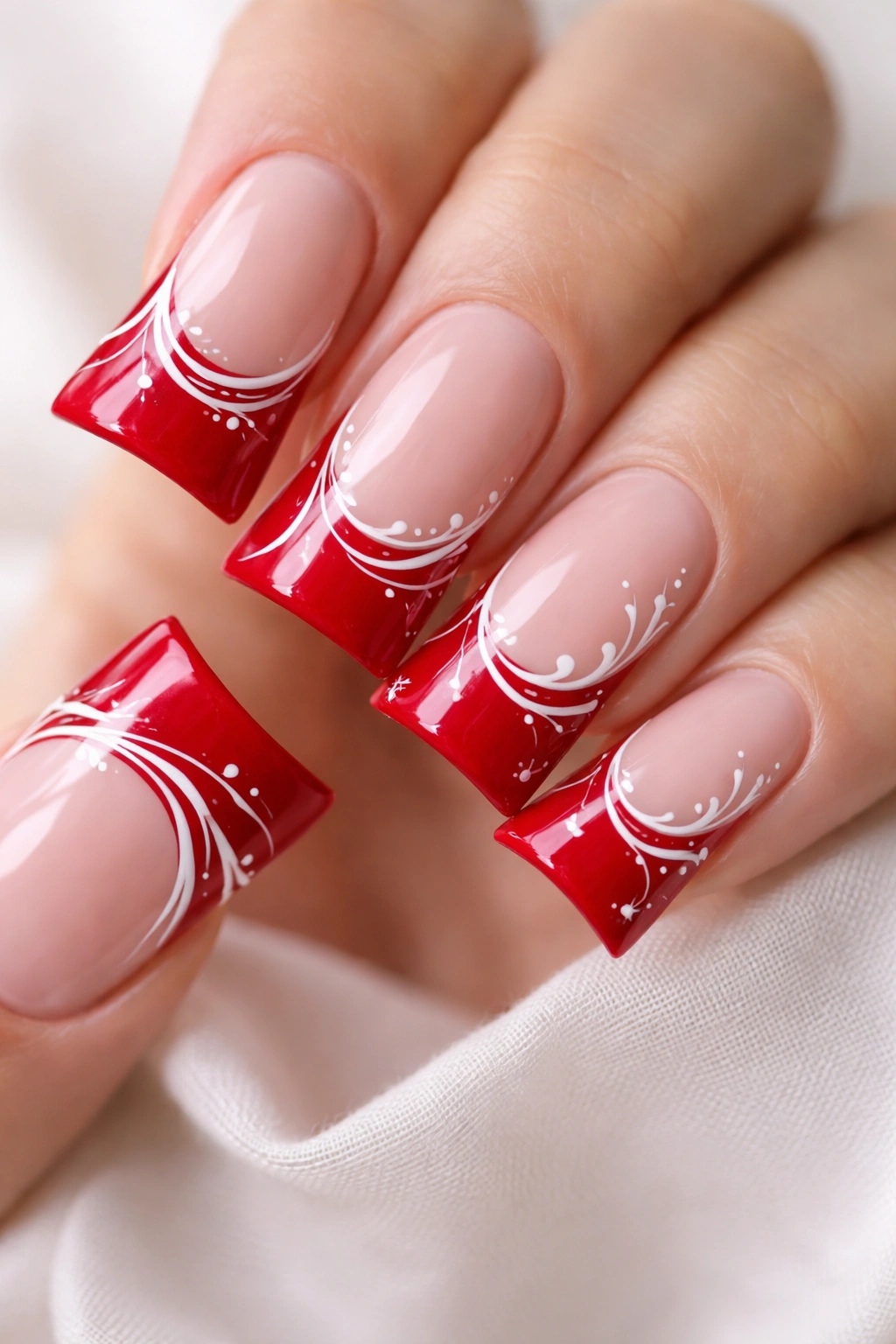 Nails with red tips and white detailing on tips