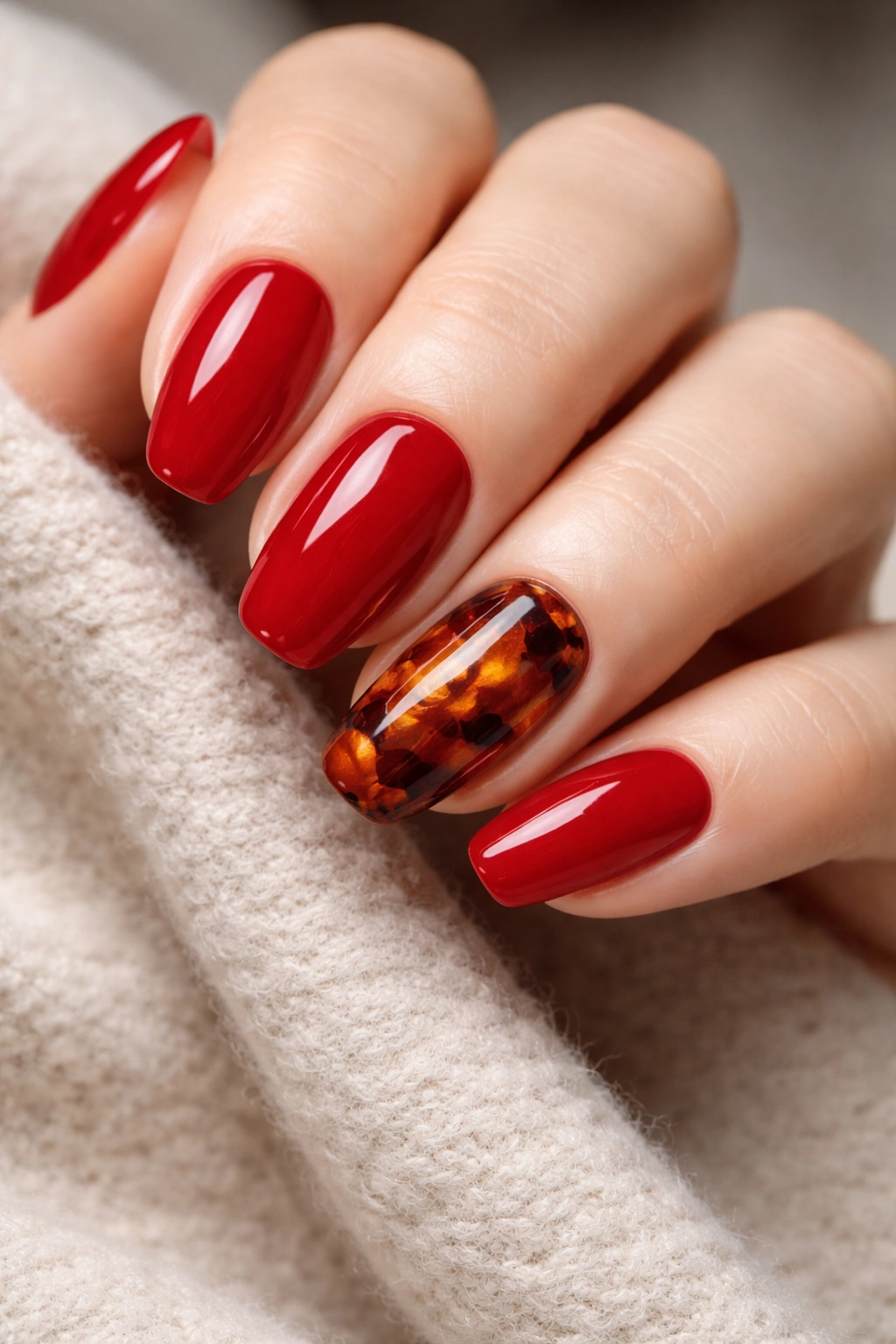 Close-up of red tortoiseshell nails with an accent tortoiseshell nail