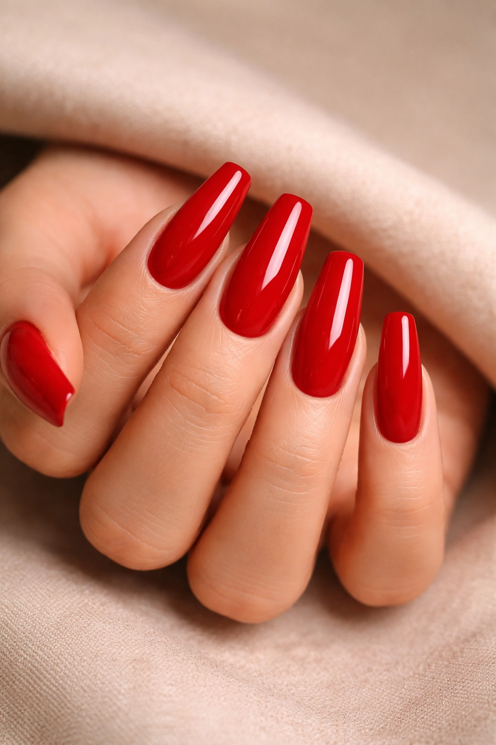 Blue-based red on ballerina nails highlighting undertone