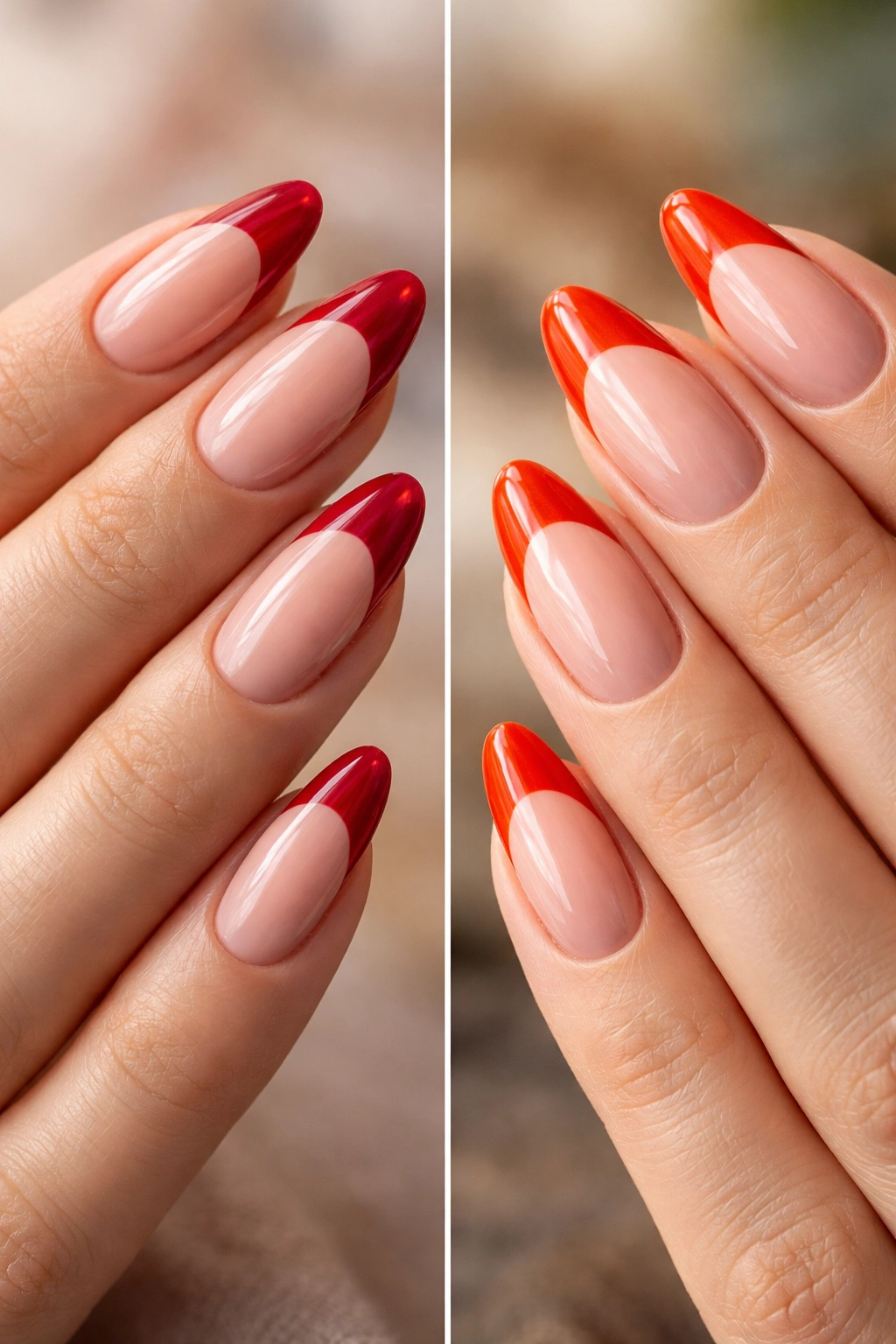 Two hands showing almond nails in blue-based and orange-based red shades to depict undertone choices