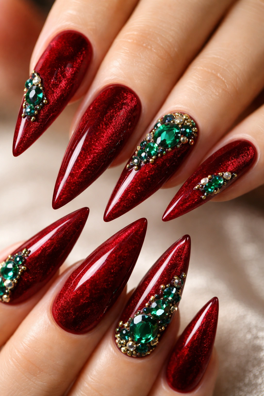 Close-up of red velvet textured stiletto nails with green gems