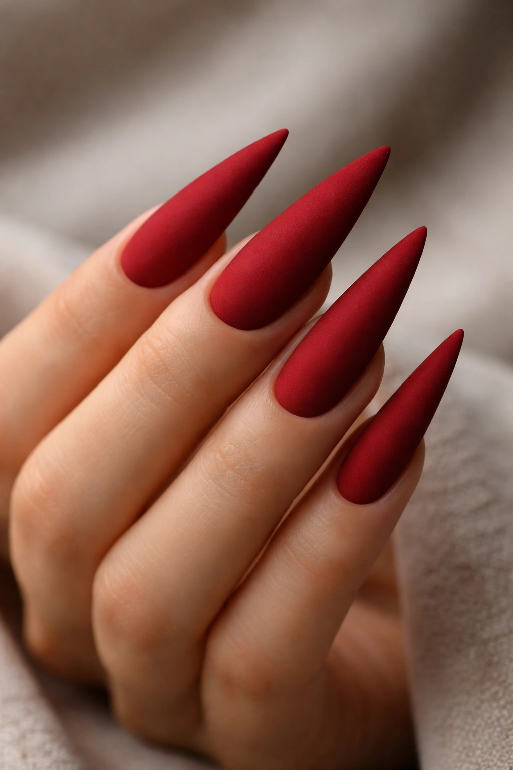 Close-up of a hand with deep red matte stiletto nails showing velvety texture