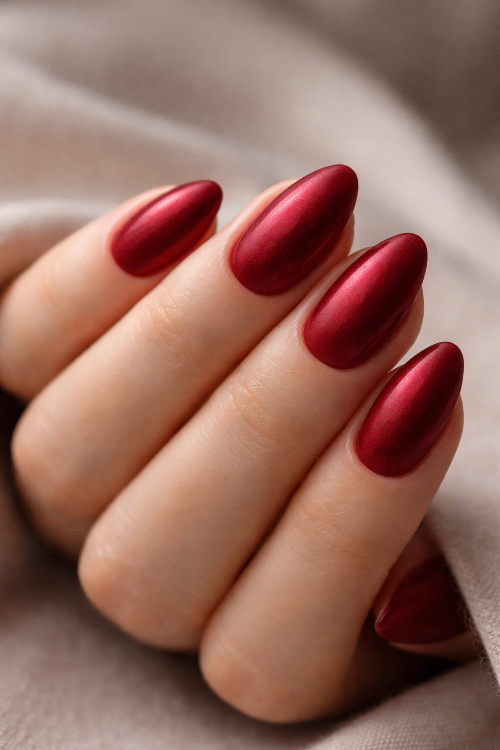 Velvety red almond nails with soft shimmer.
