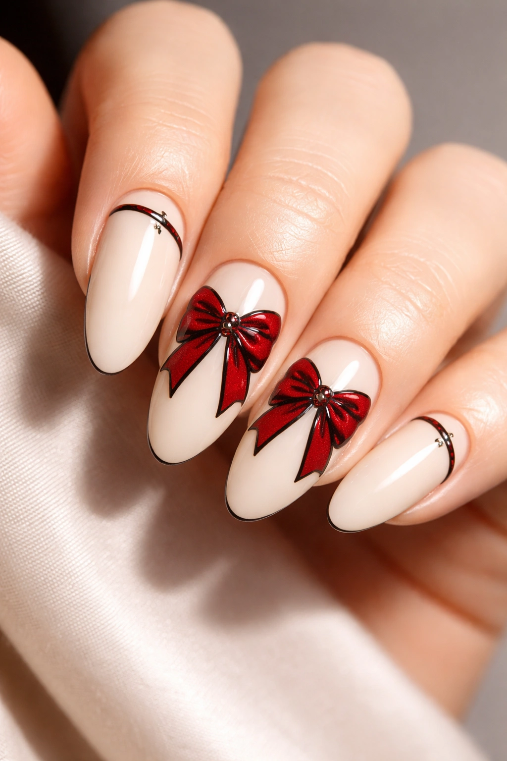 Close-up of deep red nails with matte finish and bold black bow outlines.