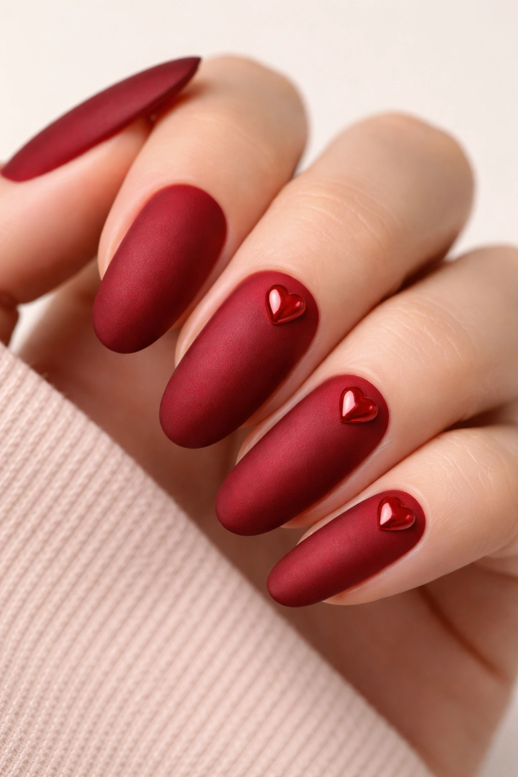 Close-up of deep red velvet matte nails with glossy heart accents.