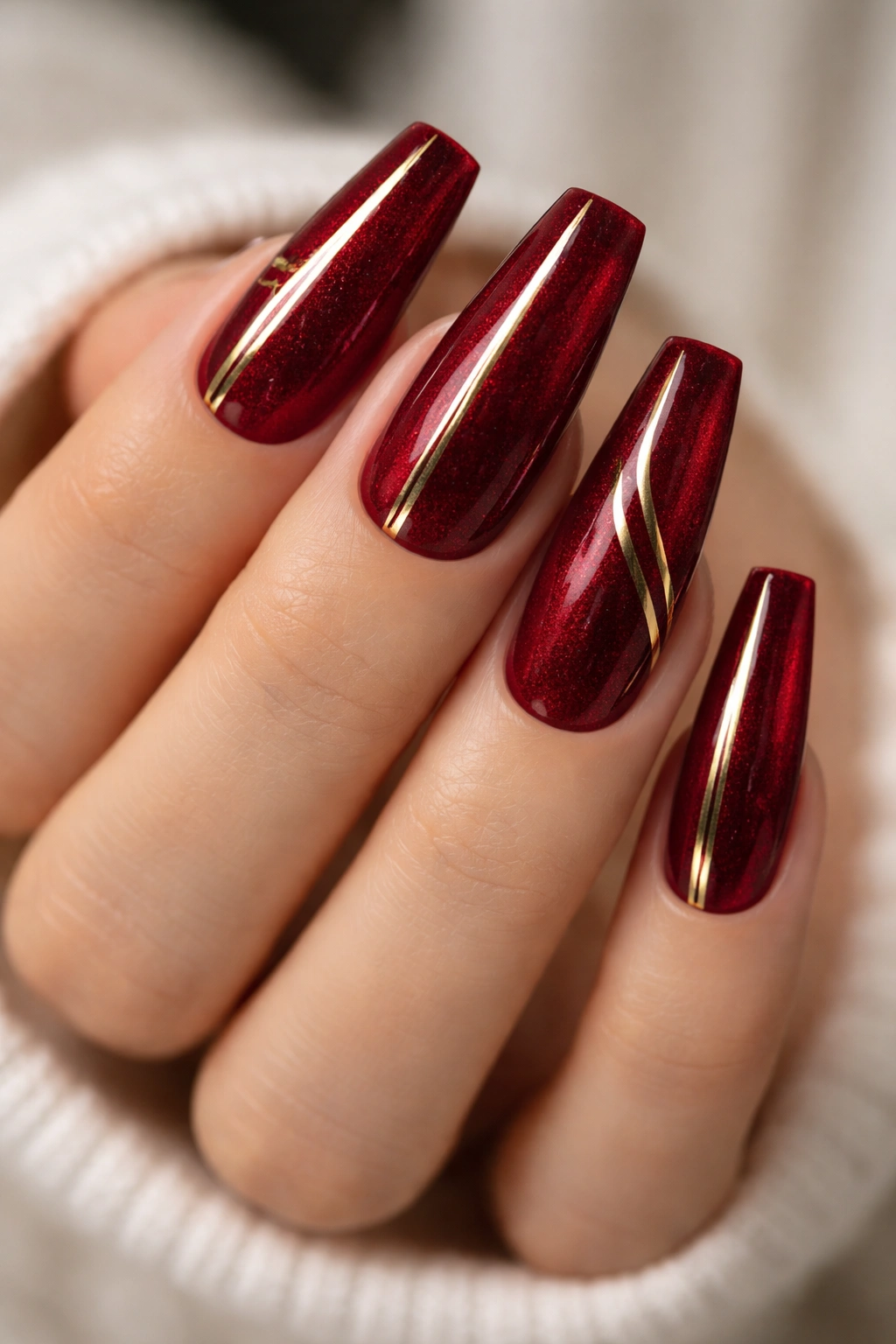 Close-up of coffin nails in deep red velvet with gold accents on a bare hand
