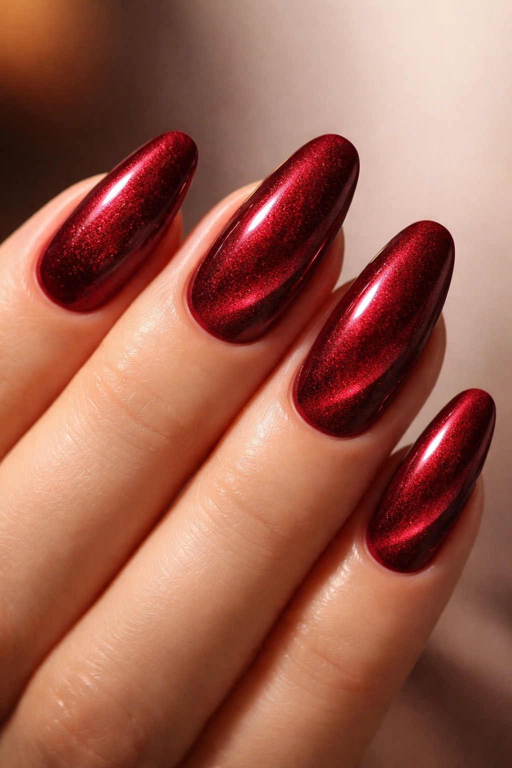 Close-up of hand showing classic red velvet nails with magnetic shimmer on deep cherry red polish