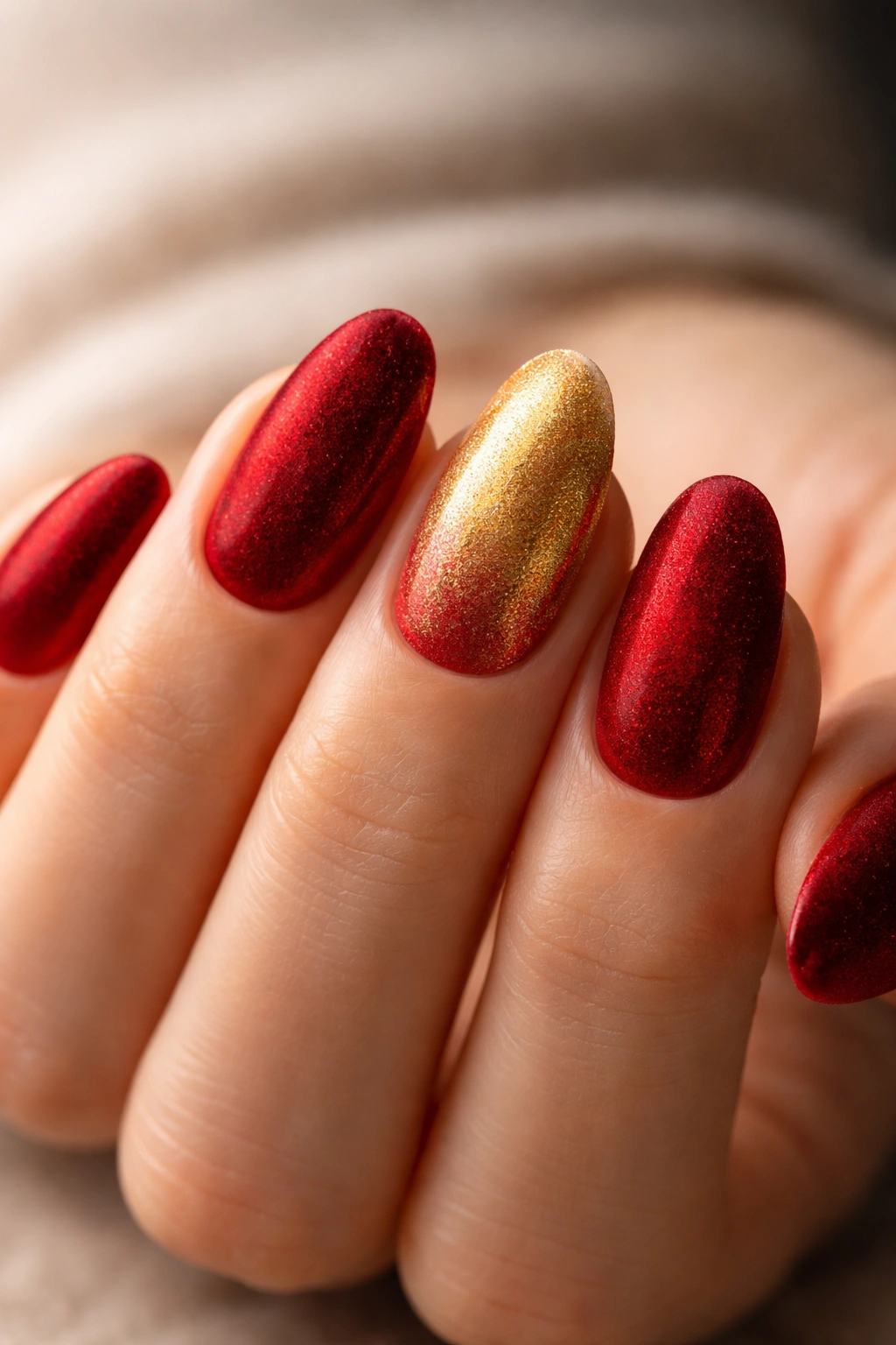 Close-up of red velvet nails with gold velvet texture