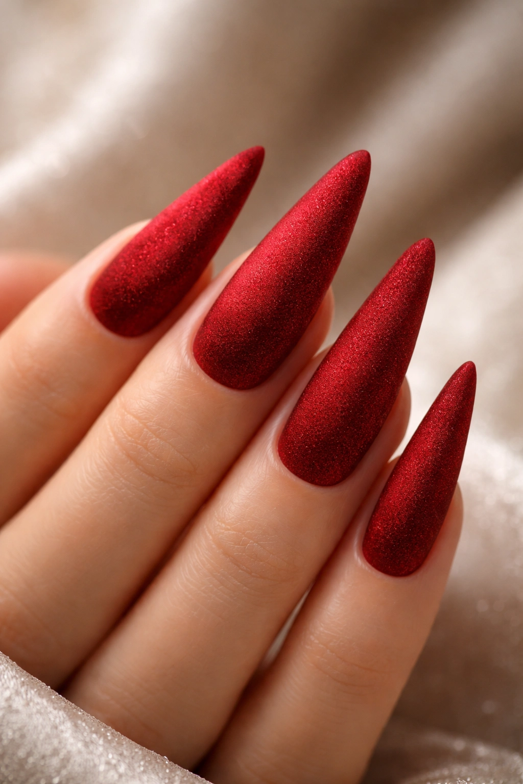 Close-up of red velvet textured nails with a soft, velvety finish.