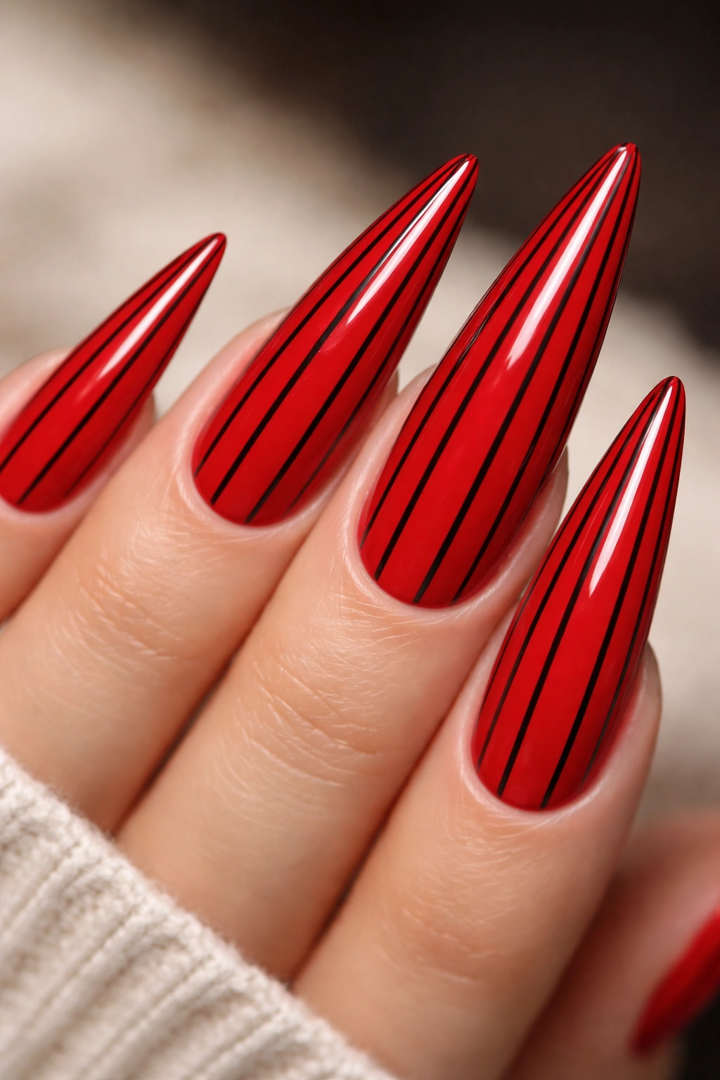 Red stiletto nail with vertical black stripes