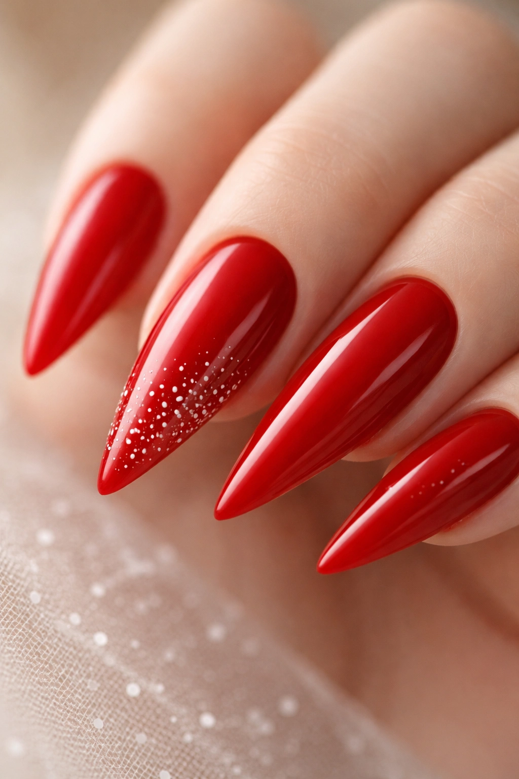 Red stiletto nail with delicate white dot decoration near the tip