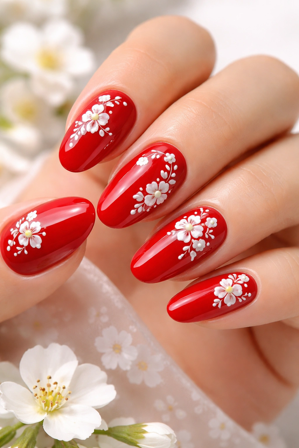 Close-up of red nails with white floral decals.