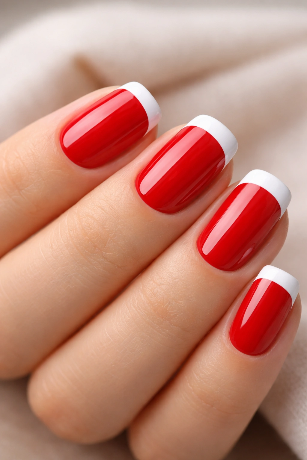 Close-up of short squoval nails in a red base with white tips, modern French manicure