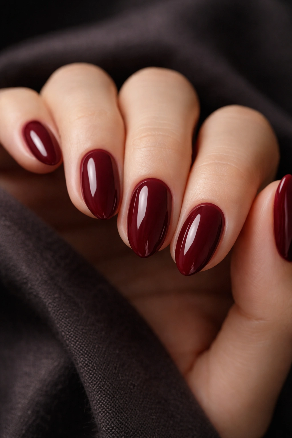 Close-up of red wine almond nails in deep burgundy with glossy finish.