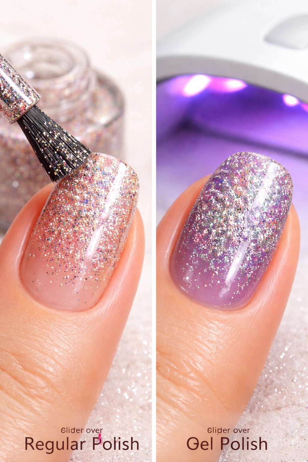 Nails showing glitter on regular polish vs gel polish side by side