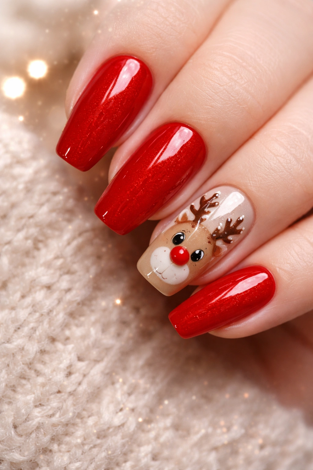 Nails with reindeer accent art on red polish.