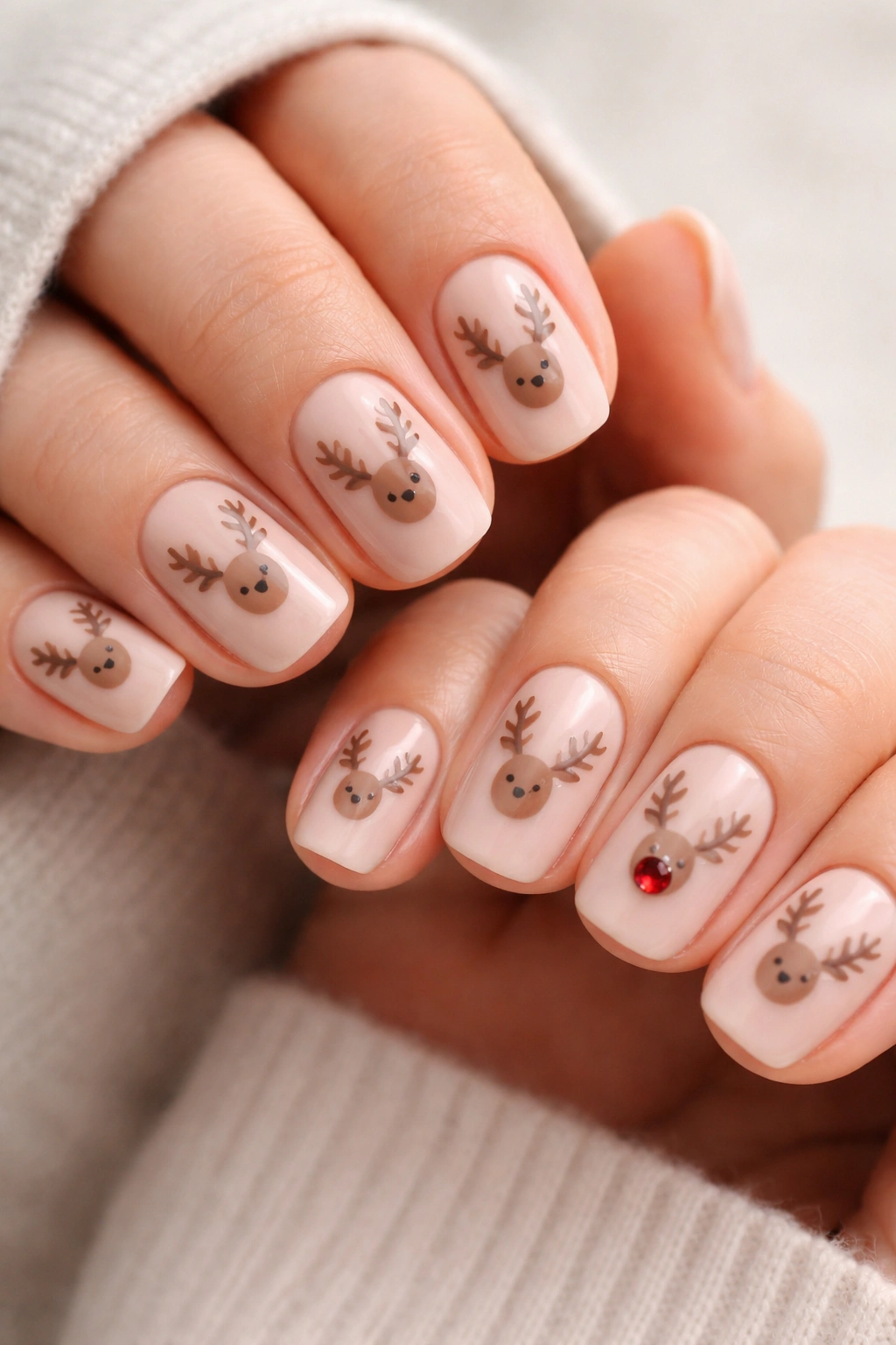 Nails with minimalist reindeer silhouettes on a neutral base