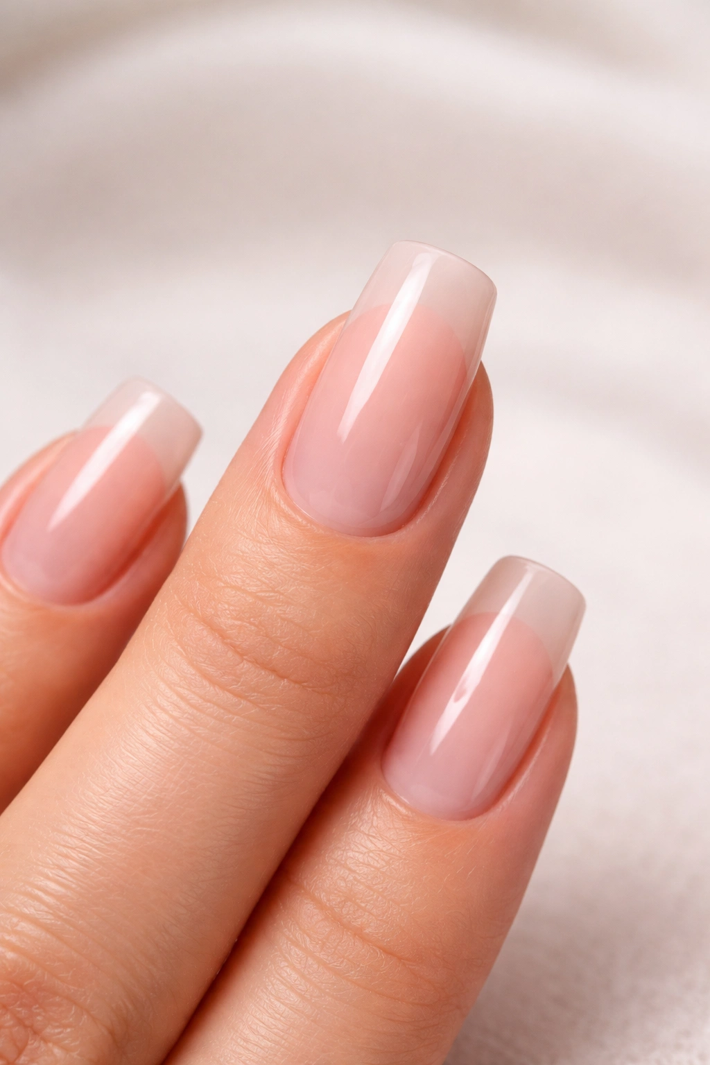 Close-up of repaired acrylic nail on finger with glossy seamless finish